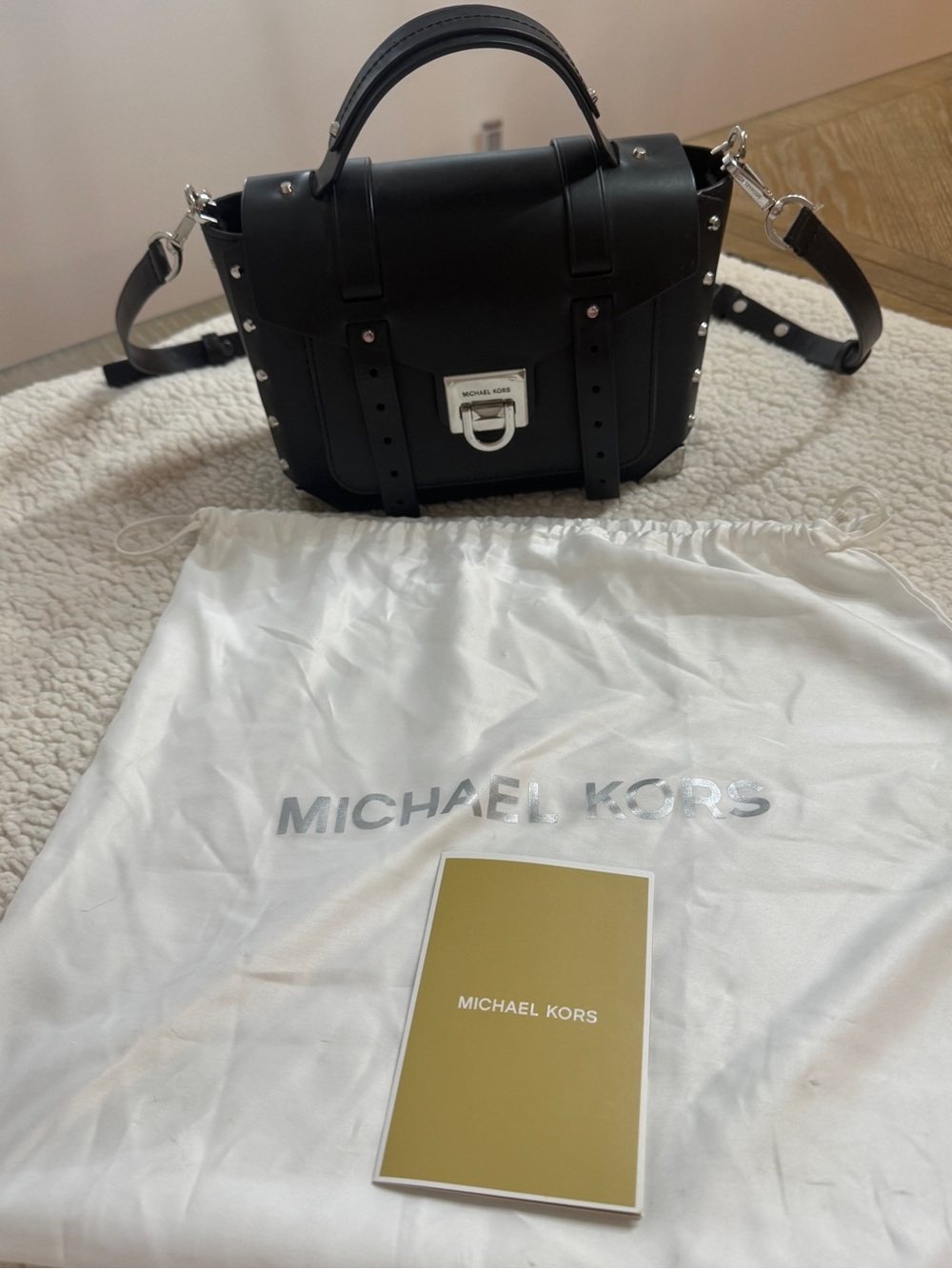 Michael Kors Black Leather Studded Satchel with Silver Hardware